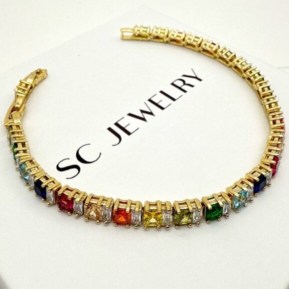 Rainbow Tennis Bracelet Gold Plated Chain Luxury Jewelry - Picture 8 of 13